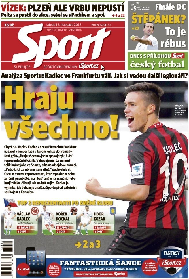 Titulka deníku Sport, které vévodí útočník Frankfurtu Václav Kadlec