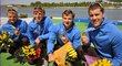 Pavel Davídek, Lukáš Trefil, Danielo Havel a Josef Dostál pózují se zlatými medailemi za vítězství při Světovém poháru rychlostních kanoistů v polské Poznani.