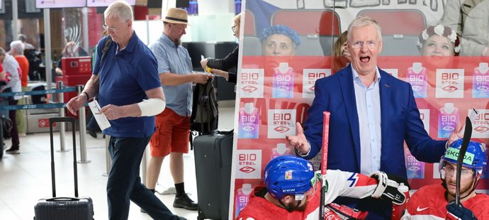 Reprezentační kouč Kari Jalonen dorazil na letiště s obvázaným loktem