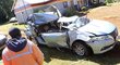 Zdemolovaný vůz Kelvina Kiptuma po tragické nehodě