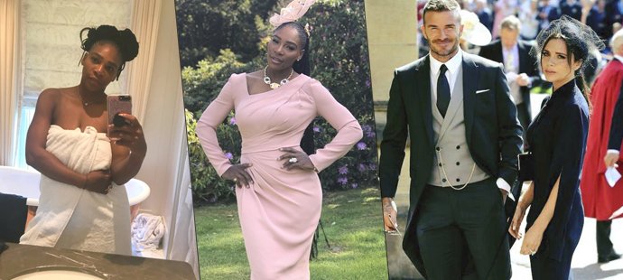 Slavní sportovci na královské svatbě - tenistka Serena Williamsová a fotbalista David Beckham s manželkou Victorií. Serena vzbudila ohlas fotkami na Instagramu, David oslnil jako elegán, který nestárne.