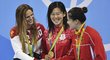 Kompletní trio medailistek. První Japonka Kanetová, druhá Jefimovová a třetí Š&#39; Ťing-lin z Číny