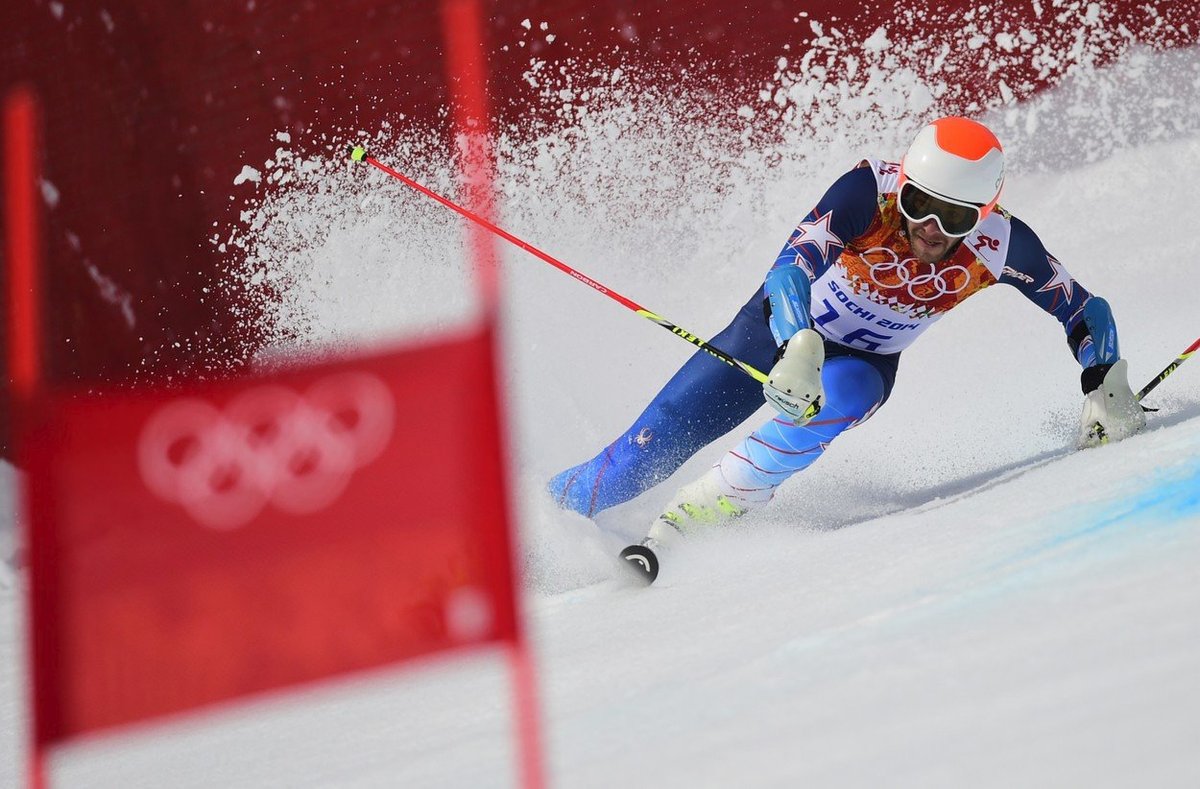 Bode Miller na trati olympijského závodu v Super-G v ruském Soči.