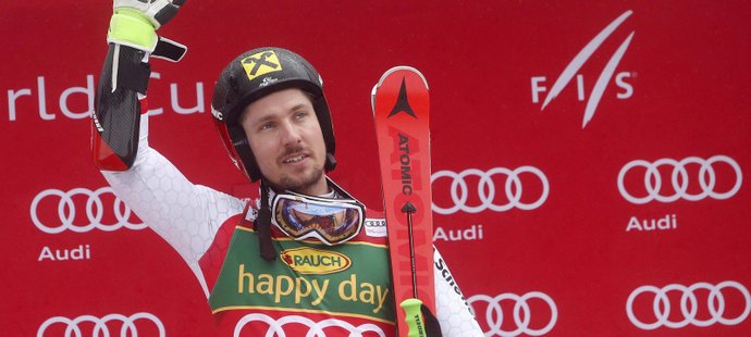 Rakušan Marcel Hirscher se raduje z triumfu v obřím slalomu v Kranjské Goře