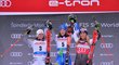 Viktoria Rebensburgová, Petra Vlhová a Mikaela Shiffrinová na stupních vítězů po obřím slalomu SP ve Špindlerově Mlýně