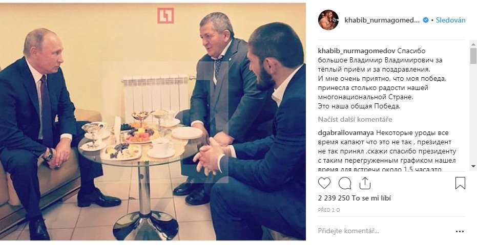 Chabib Nurmagomedov na dýchánku s ruským prezidentem Vladimirem Putinem.