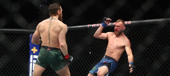 Cowboy Donald Cerrone se kácí po brutálním kopu Conora McGregora