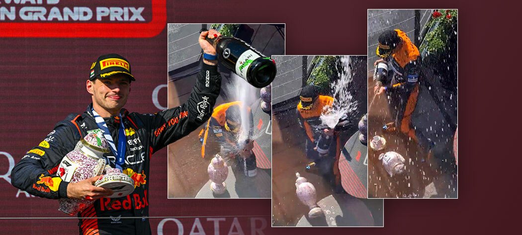 Jezdec McLarenu Lando Norris se na stupních vítězů Velké ceny Maďarska postaral o pořádný rozruch, kdy vítězi Maxi Verstappenovi (vlevo) omylem rozbil trofej
