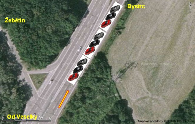 Způsob parkování na Staré dálnici – začátek křižovatka Žebětín - Kohoutovice
