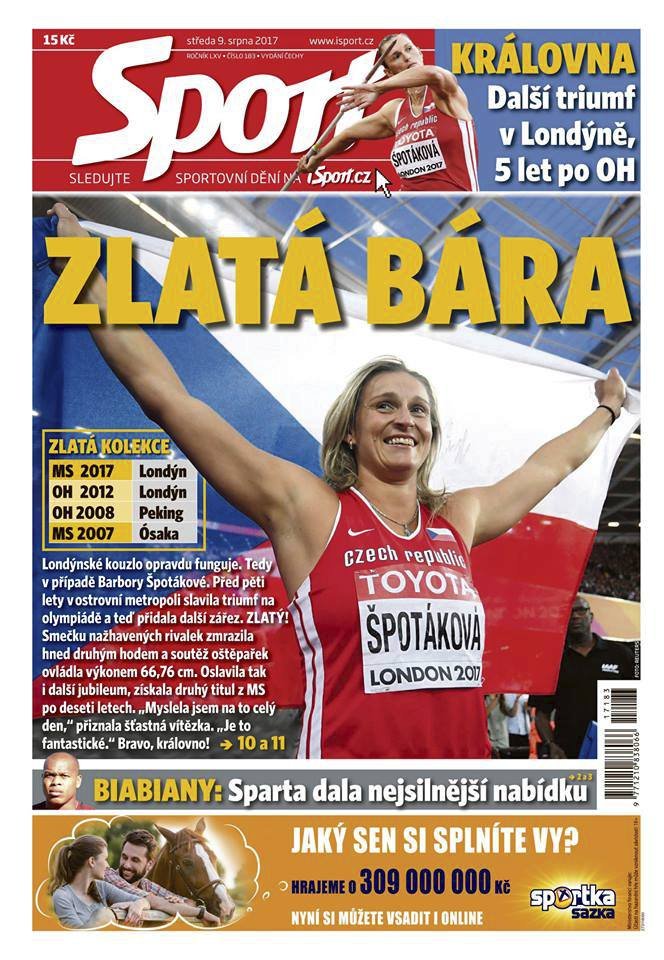 Titulní strana deníku Sport ze středy 9. srpna