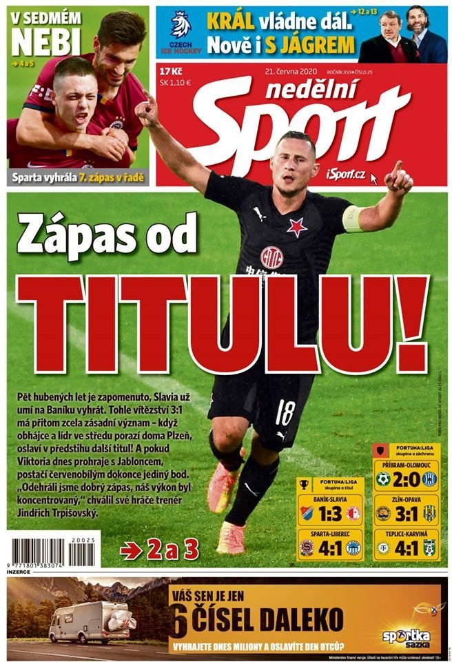 Titulní strana deníku Sport, neděle 21. června 2020