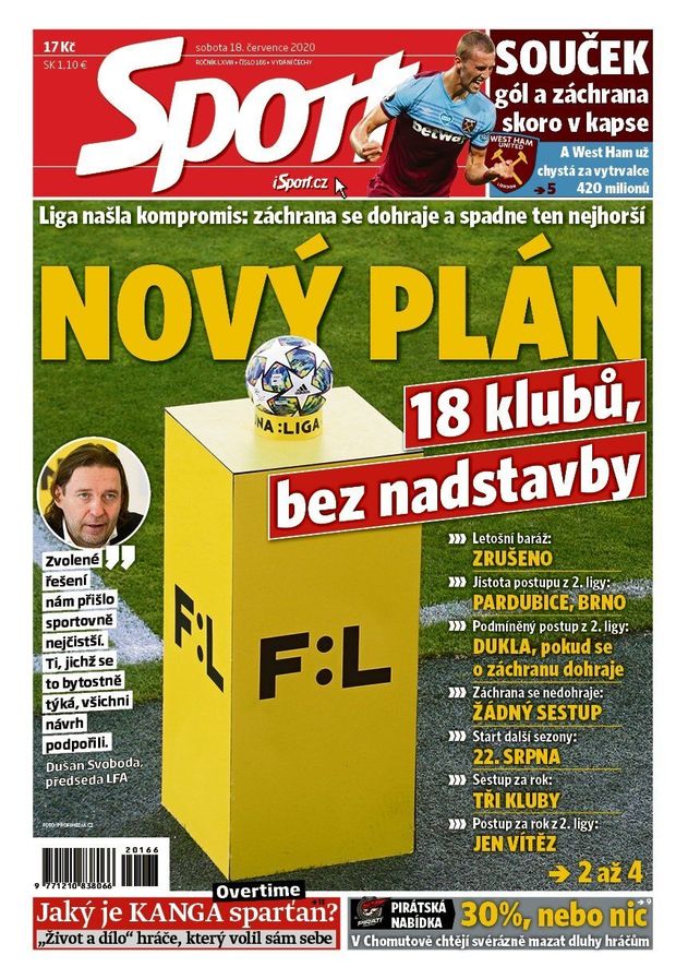 Titulní strana deníku Sport, sobota 18. července 2020 Titulní strana deníku Sport, sobota 18. července 2020