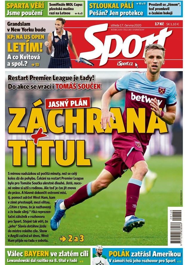 Titulní strana deníku Sport, středa 17. června 2020 Titulní strana deníku Sport, středa 17. června 2020