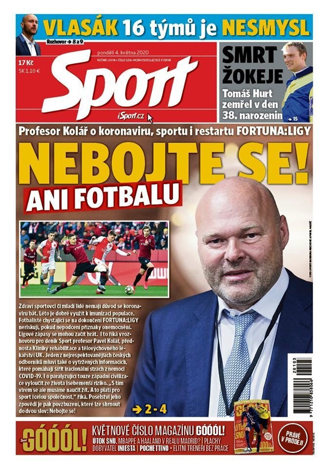 Titulní strana deníku Sport, pondělí 4. května 2020