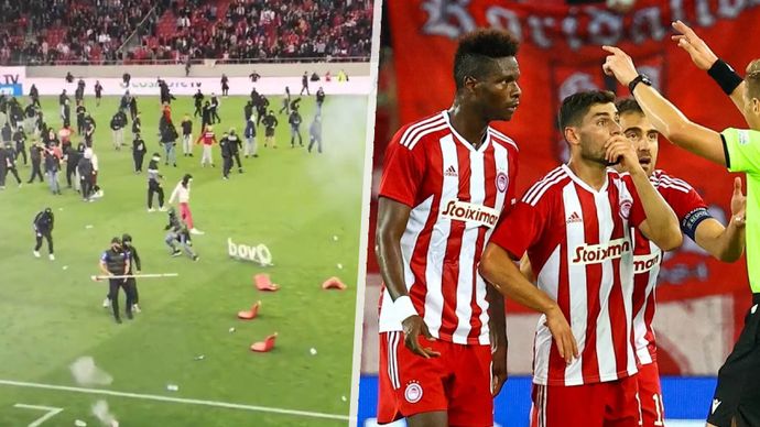 Závěr utkání Olympiakos - AEK Atény okořenily výtržnosti fanoušků