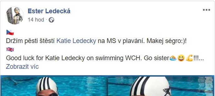 „Držím pěsti štěstí Katie Ledecky na MS v plavání. Makej ségro:)!“ zahlásila Ester Ledecká na Facebooku s fotkami z bazénu.