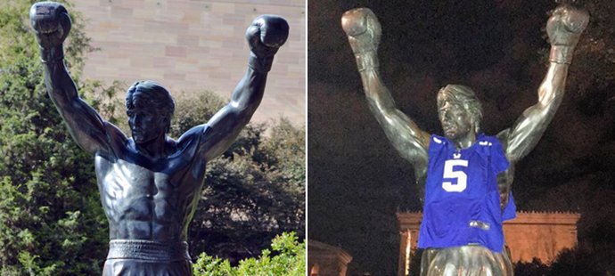 Fanoušci NY Giants oblékli sochu Rockyho do dresu
