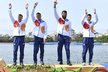 Daniel Havel, Lukáš Trefil, Josef Dostál a Jan Šterba na bronzovém olympijském stupni