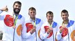 Josef Dostál, Lukáš Trefil, Daniel Havel a Jan Šterba se radují z bronzových olympijských medailí