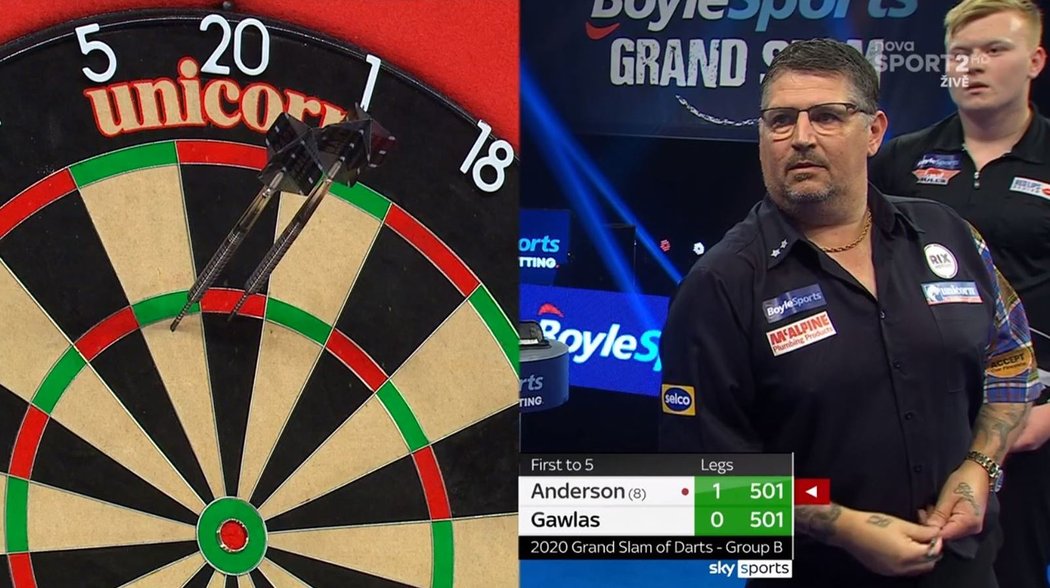 Gary Anderson během zápasu s Adamem Gawlasem na Grand Slam of Darts