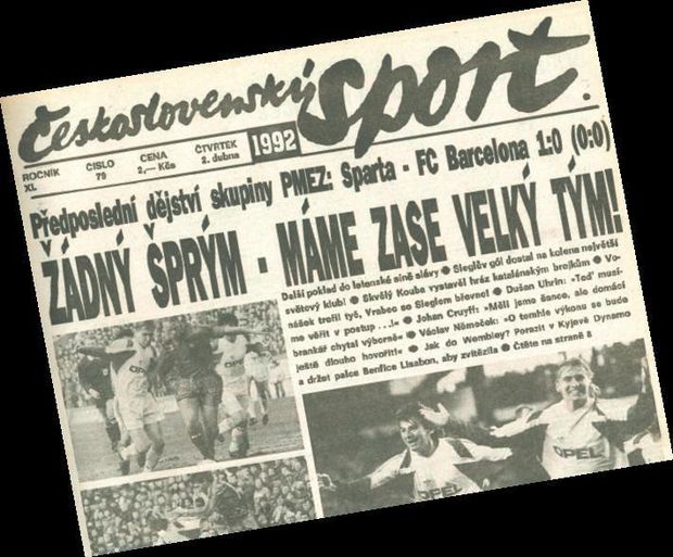 Titulní strana Československého Sportu po vítězství nad Barcelonou Titulní strana Československého Sportu po vítězství nad Barcelonou