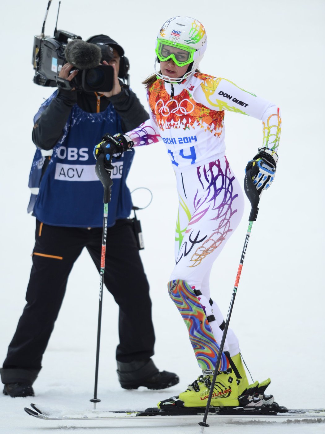 Šárka Strachová krátce poté, co dojela 1. kolo slalomu na olympiádě v Soči