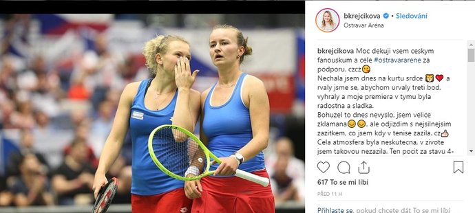 Barbora Krejčíková poslala fanouškům srdceryvný vzkaz po nakonec smutném fedcupovém debutu...