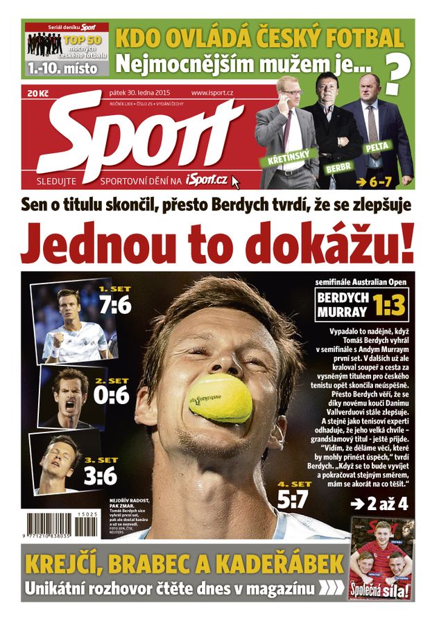 Titulní strana pátečního vydání deníku Sport Titulní strana pátečního vydání deníku Sport