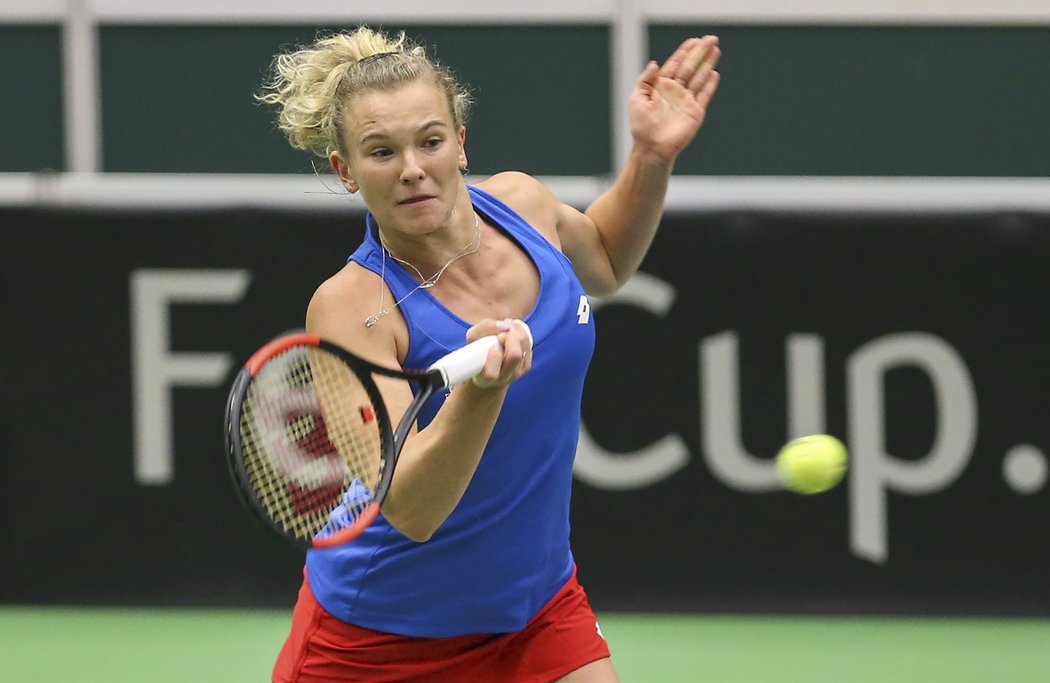 Kateřina Siniaková v zápase proti Simoně Halepové v prvním kole Fed Cupu