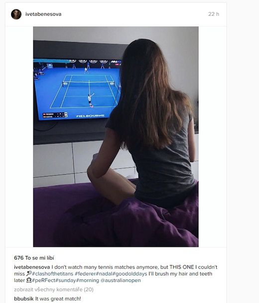 Tenistka Iveta Benešová si zápas Federera s Nadalem nenechala ujít. Tenistka Iveta Benešová si zápas Federera s Nadalem nenechala ujít.