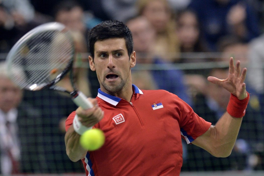 Světová dvojka Novak Djokovič ve finále Davis Cupu mezi Srbskem a Českem proti Tomáši Berdychovi