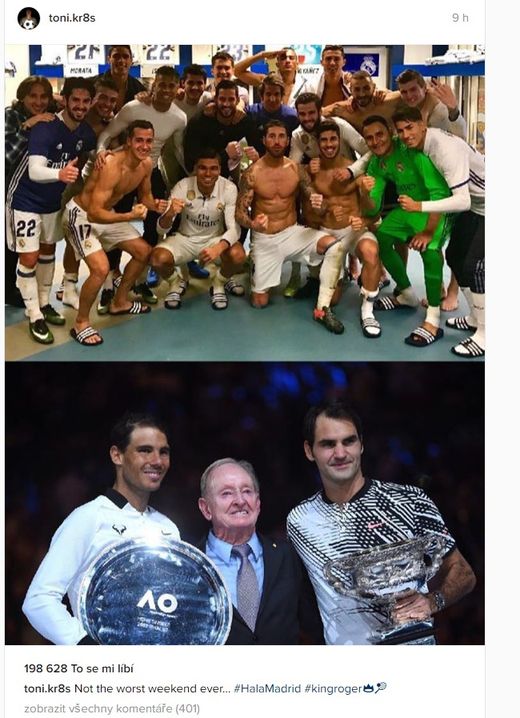 To byl ale víkend! Fotbalista Toni Kroos spojil na Instagramu úspěch svého Realu Madrid s finálovým zápasem a Federerovým vítězstvím na Australian Open. To byl ale víkend! Fotbalista Toni Kroos spojil na Instagramu úspěch svého Realu Madrid s finálovým zápasem a Federerovým vítězstvím na Australian Open.