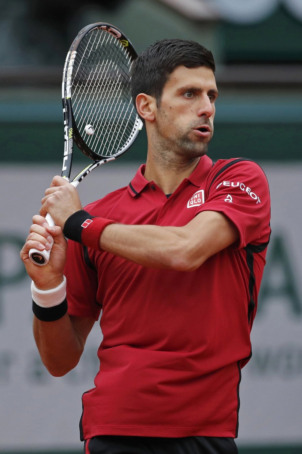 Novak Djokovič sleduje svůj úder ve čtvrtfinále French Open proti Tomáši Berdychovi