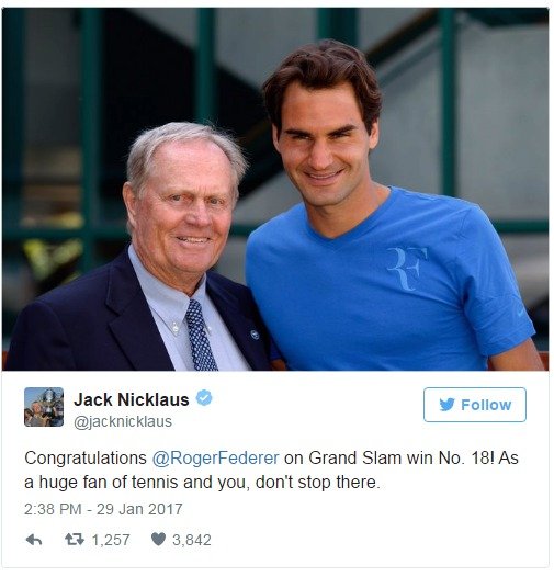 Federerovi gratuloval i golfista Jack Nicklaus.