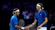 Roger Federer a Alexander Zverev společně zvítězili ve čtyřhře na Laver Cupu nad dvojicí Denis Šapovalov Jack Sock 2:0 (Laver Cup 2019)