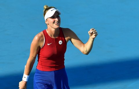 Markéta Vondroušová během 1. kola tenisového turnaje na LOH v Tokiu