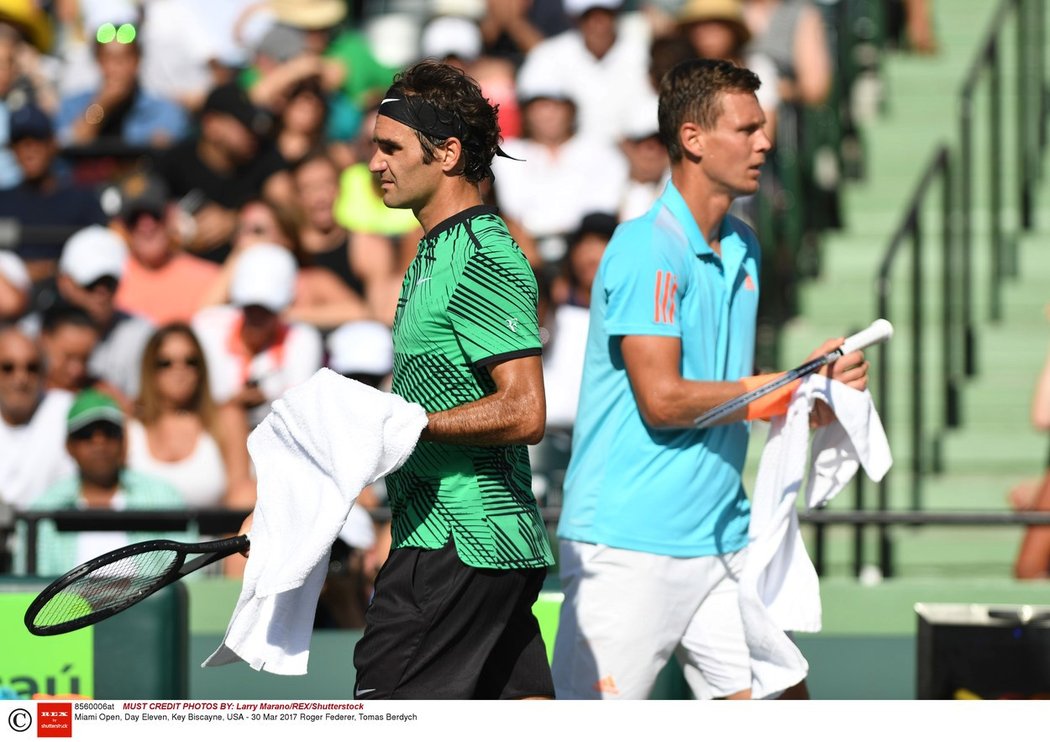 Osmifinálové utkání turnaje v Miami mezi Rogerem Federerem a českým tenistou Tomášem Berdychem