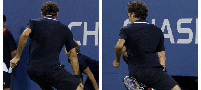 Úžasný úder Rogera Federera na US Open, švýcarský fenomén už podruhé dokázal soupeře znemožnit ranou mezi nohama zády ke kurtu.