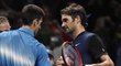 Novak Djokovič a Roger Federer po prvním vzájemném zápase na Turnaji mistrů