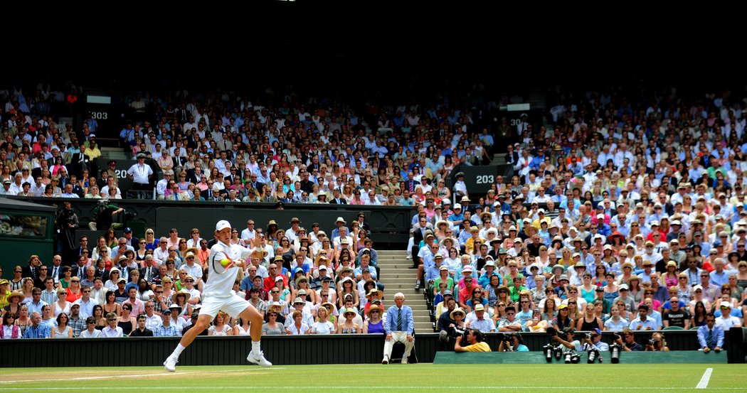 Tomáš Berdych na centrálním kurtu ve Wimbledonu před patnácti tisíci diváky