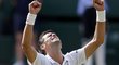 Novak Djokovič zvedá ruce v euforii wimbledonského vítěze po triumfu nad Rogerem Federerem