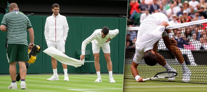 Bizarní start obhájce: Djokovič sušil wimbledonský centrkurt ručníkem Bizarní start obhájce: Djokovič sušil wimbledonský centrkurt ručníkem