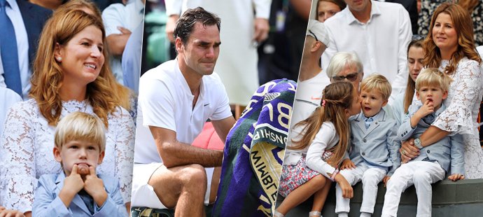 Nejdojemnější okamžik Wimbledonu? Triumfující Roger Federer se rozbrečel při pohledu na svou rodinu - manželku Mirku a dva páry dvojčat.