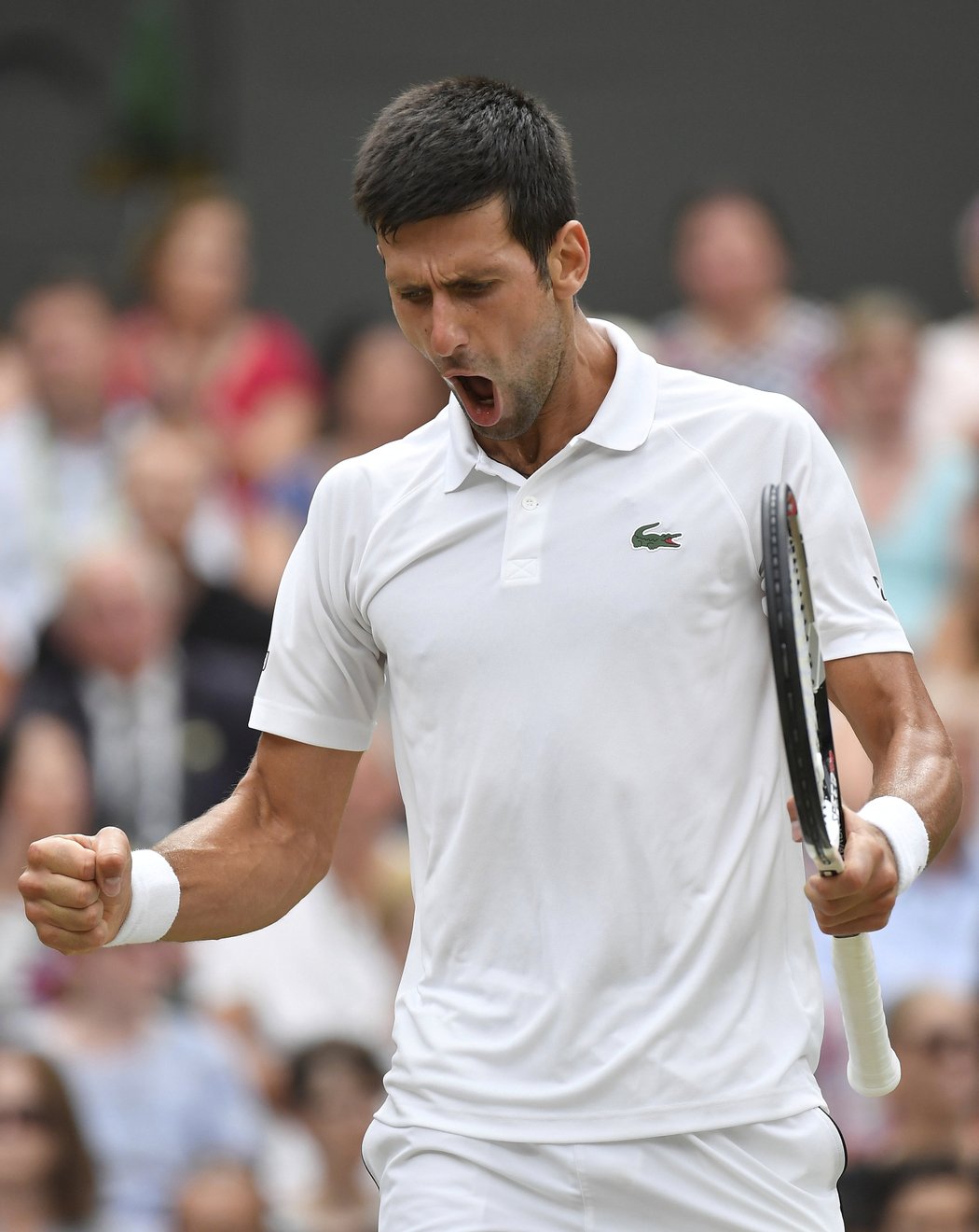 Novak Djokovič se raduje v semifinále Wimbledonu proti Rafaelu Nadalovi