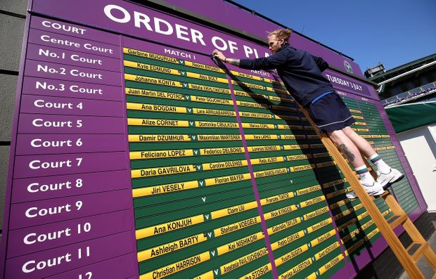 K Wimbledonu patří i cedule s pořadím zápasů, které se mění ručně ze žebříků... K Wimbledonu patří i cedule s pořadím zápasů, které se mění ručně ze žebříků...