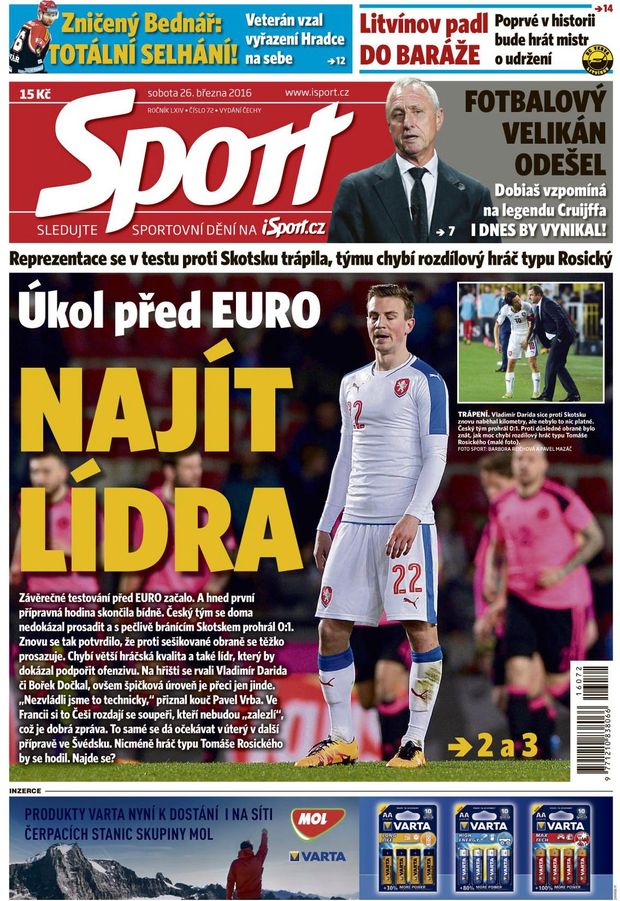 Titulní strana deníku Sport Titulní strana deníku Sport