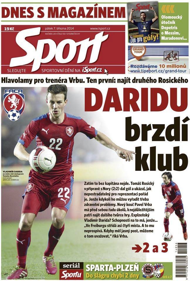 Páteční titulka deníku Sport.