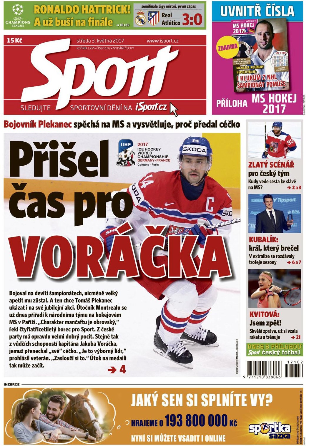 Titulní strana deníku Sport