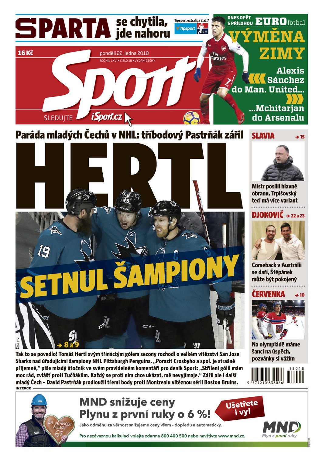 Titulní strana deníku Sport v pondělí 22. ledna