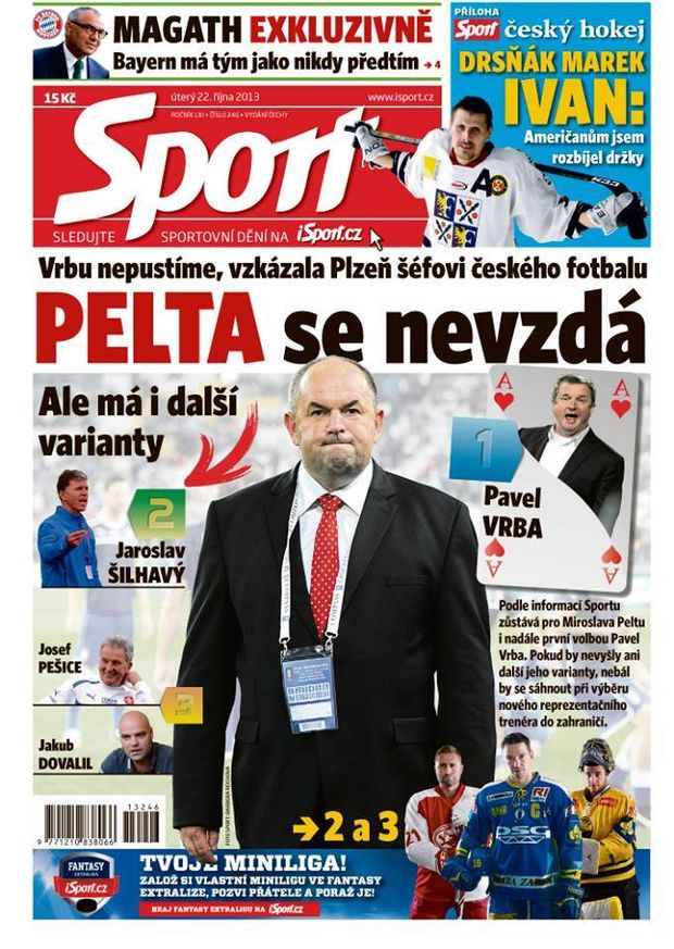 Titulní strana úterního deníku Sport. Titulní strana úterního deníku Sport.